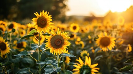 Sunflower field during daylight. Bright yellow sunflowers bathed in natural sunlight. A feeling of warmth, beauty, peace of nature. Concept of positivity and energy of the sun