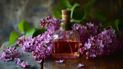 A bottle of aromatic perfume of lilac flowers. A combination of floral aromas. The concept of the elegance of an exquisite fragrance