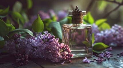 Obraz na płótnie Canvas A bottle of aromatic perfume of lilac flowers. A combination of floral aromas. The concept of the elegance of an exquisite fragrance