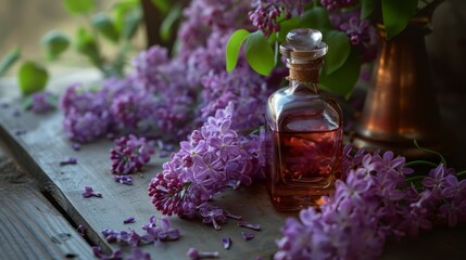 A bottle of aromatic perfume of lilac flowers. A combination of floral aromas. The concept of the elegance of an exquisite fragrance