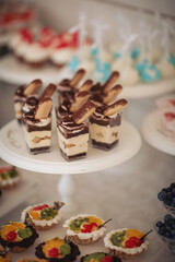 Closeup of many small cakes, sweets, fruits served on plate for cocktail party. Candy bar on birthday or wedding holiday dinner. catering food. tasty dessert. Wedding banquet table. Fruit bar on party
