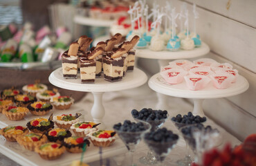 Closeup of many small cakes, sweets, fruits served on plate for cocktail party. Candy bar on birthday or wedding holiday dinner. catering food. tasty dessert. Wedding banquet table. Fruit bar on party