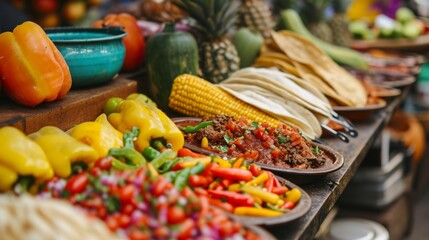 Fototapeta premium Busy Mexican food street market. Bright and attractive food