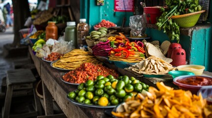 Fototapeta premium Busy Mexican food street market. Bright and attractive food