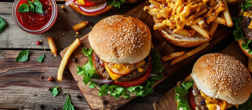 Asian-inspired cheeseburgers and fries on sesame buns, displayed on a wooden board with vibrant colors.