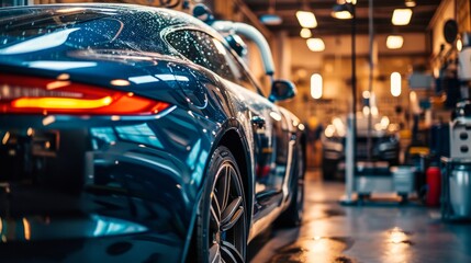 A clean car in a car wash. Cleaning and improving the appearance of surfaces