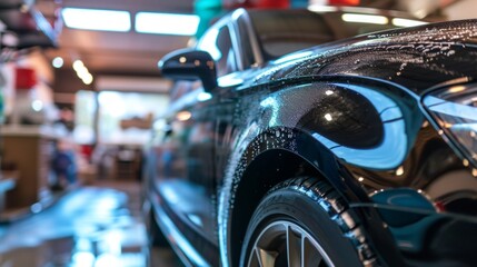 A clean car in a car wash. Cleaning and improving the appearance of surfaces