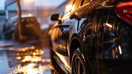 A clean car in a car wash. Cleaning and improving the appearance of surfaces