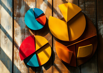 Fototapeta premium Сolorful math fractions on the wooden backgrounds. interesting math for kids. Education, back to school concept. Geometry and mathematics materials