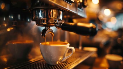 Espresso machine makes fresh coffee. A rich and aromatic espresso preparation process