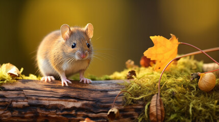 Wild Bank vole (Myodes glareolus) mouse posing on log on autumn scene forest floor. AI Generative