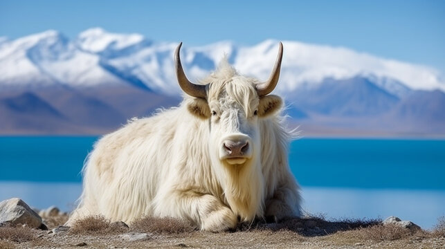 White yak in Namtso lake, Tibet. Namtso is the largest lake in the Autonomous Region. AI Generative