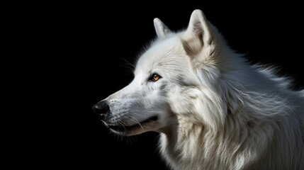 White wolf with a black background.Portrait of arctic wolf isolated black background. AI Generative