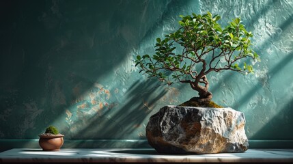 A bonsai tree sitting on top of a rock