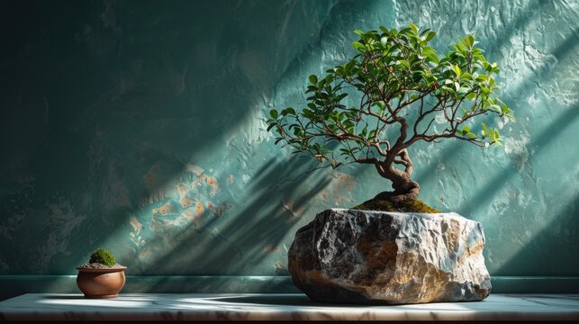 Fototapeta A bonsai tree sitting on top of a rock
