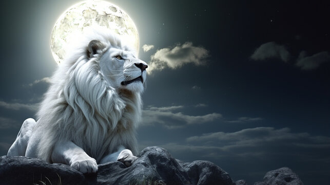 White lion in moon light. manipulation of lion on rock in night landscape. AI Generative