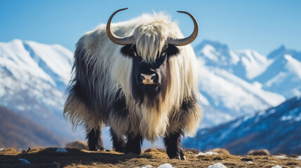 Hairy cattle cow wild animal in nature. Sunny winter day, yak face, wildlife concept. AI Generative