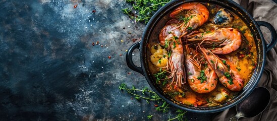 Creole Cajun stew with fish and seafood in a pot, viewed from above with empty space on the right. - obrazy, fototapety, plakaty