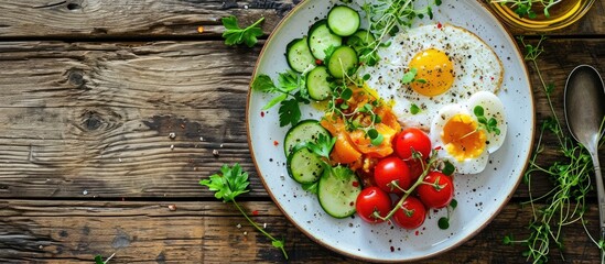 Top view of a wooden table with a white breakfast plate, cherry tomatoes, cucumber, and boiled egg.