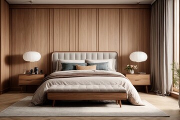 Interior home design of modern bedroom with wooden walls ,accent bedside cabinets and chairs