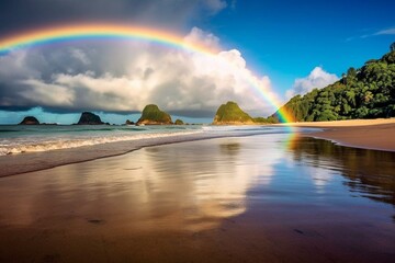 A serene beach beneath a beautiful rainbow with the sea mirroring its vivid colors. Generative AI