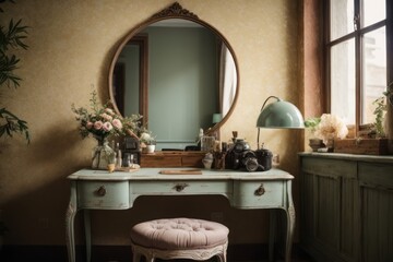Retro interior home design of classic dressing wooden table with old and worn walls and room