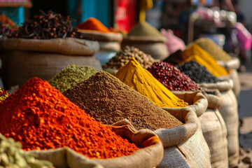 Colorful and exotic spice market in Marrakech in Morocco, a vibrant and unique summer travel background, with bright spices - Powered by Adobe