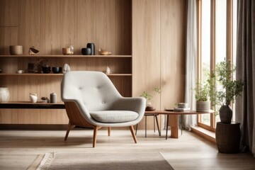 Fototapeta na wymiar Scandinavian style interior home design of modern living room with armchair facing the window with wooden wall and ornate shelves