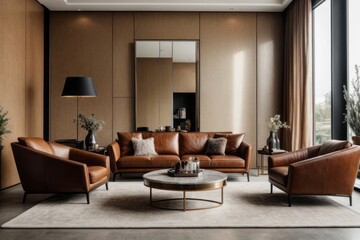 Interior home design of modern living room with brown synthetic leather sofa, wooden table and granite wall