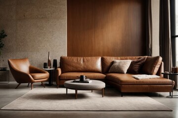 Interior home design of modern living room with brown synthetic leather sofa, wooden table and granite wall
