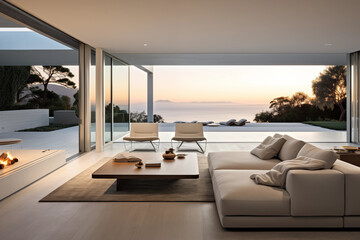 Chic Minimalist Interior Living Room and Lounge with Oceanview