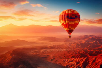 A colorful hot air balloon floats in sky over a desert mountain landscape at sunset with orange and blue skies in the background. Travel journey adventure beauty of nature concept