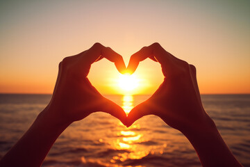 Hands Forming a Heart Shape Against Ocean Sunset