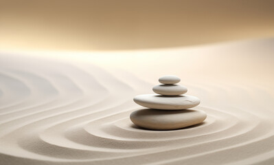 Fototapeta na wymiar Zen stones stack on raked sand in a minimalist setting for balance and harmony. Balance, harmony, and peace of mind, wellness, meditation, and spirituality concept