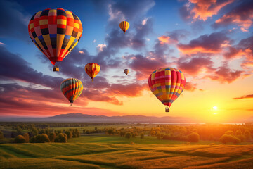 Colorful hot air balloons over blooming field meadow at sunset