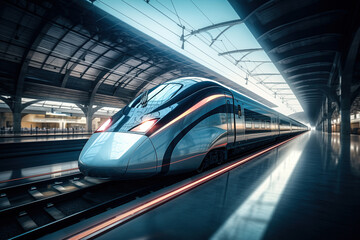 Modern high speed train in a futuristic train station. Modern transportation technology, speed, travel concepts. Railroad with motion blur effect