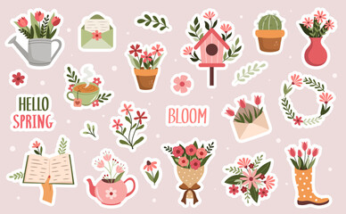 A decorative set of stickers with flowers. Spring holidays, Valentine's Day, Women's Day, Mother's Day - obrazy, fototapety, plakaty