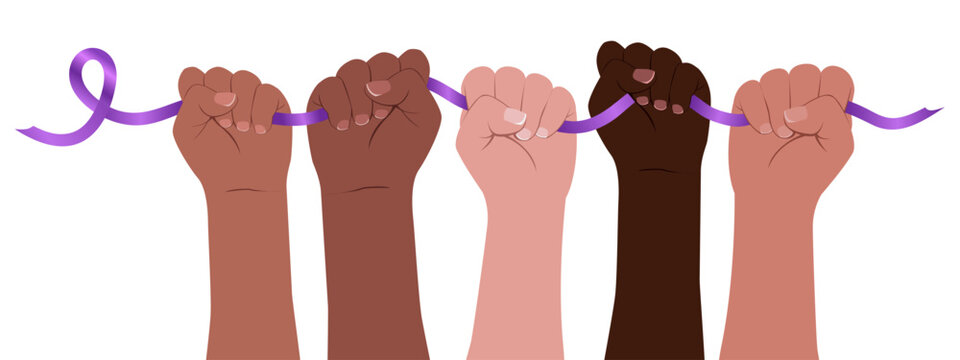 Diverse hands hold a purple ribbon. Vector flat illustration. - Powered by Adobe