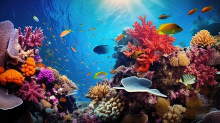 Naklejka na ściany i meble A vibrant coral reef bustling with marine life