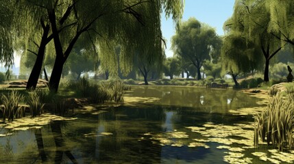 A tranquil pond surrounded by weeping willow trees