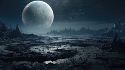 Naklejka na ściany i meble A surreal lunar landscape with rugged craters.