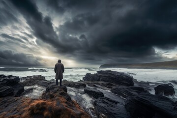 Solitude Amidst Nature's Fury: Man in Raincoat Gazes at Stormy Sky and Waves in Iceland