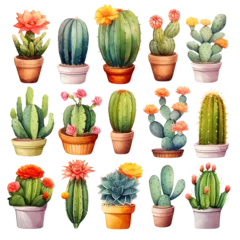 Fotobehang Cactus in pot Watercolor cactus Clipart Collection on a transparent background - 1