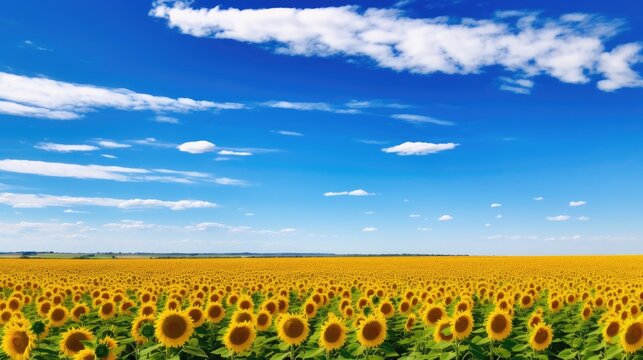 A Sunflower Field Stretching To The Horizon Under A Clear Blue Sky.