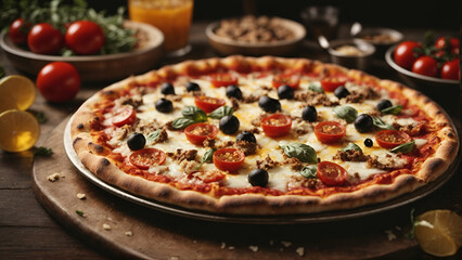 pizza on a table ,  pizza with tomatoes and black olives and herbs 