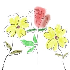 A line drawing of three simple flowers: a tulip, a daisy, and a rose.
