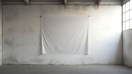 Room with a curtain as signboard. A very large white curtain on a white aesthetic wall featuring ample blank space for your content