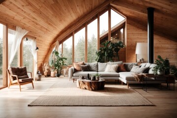 Attic interior wooden house design of modern living room wooden chairs and tables with forest views
