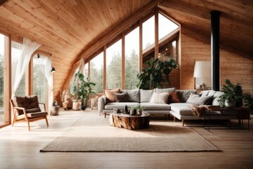 Fototapeta premium Attic interior wooden house design of modern living room wooden chairs and tables with forest views