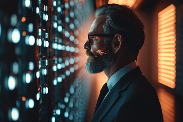 A businessman in a secure data archive, using a retina scan to access historical records, the screen verifying his identity and granting him entry to a vault of invaluable digital assets. - obrazy, fototapety, plakaty